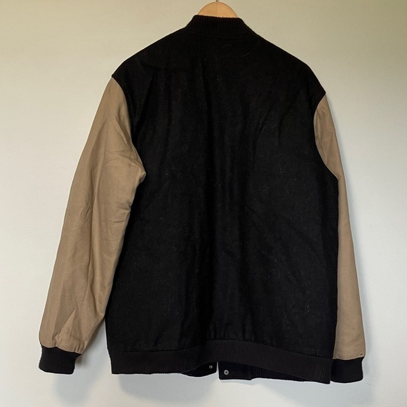 Duluth Trading Co Black Wool and Tan Canvas Workwear Sleeves Varsity Jacket - Picture 8 of 8